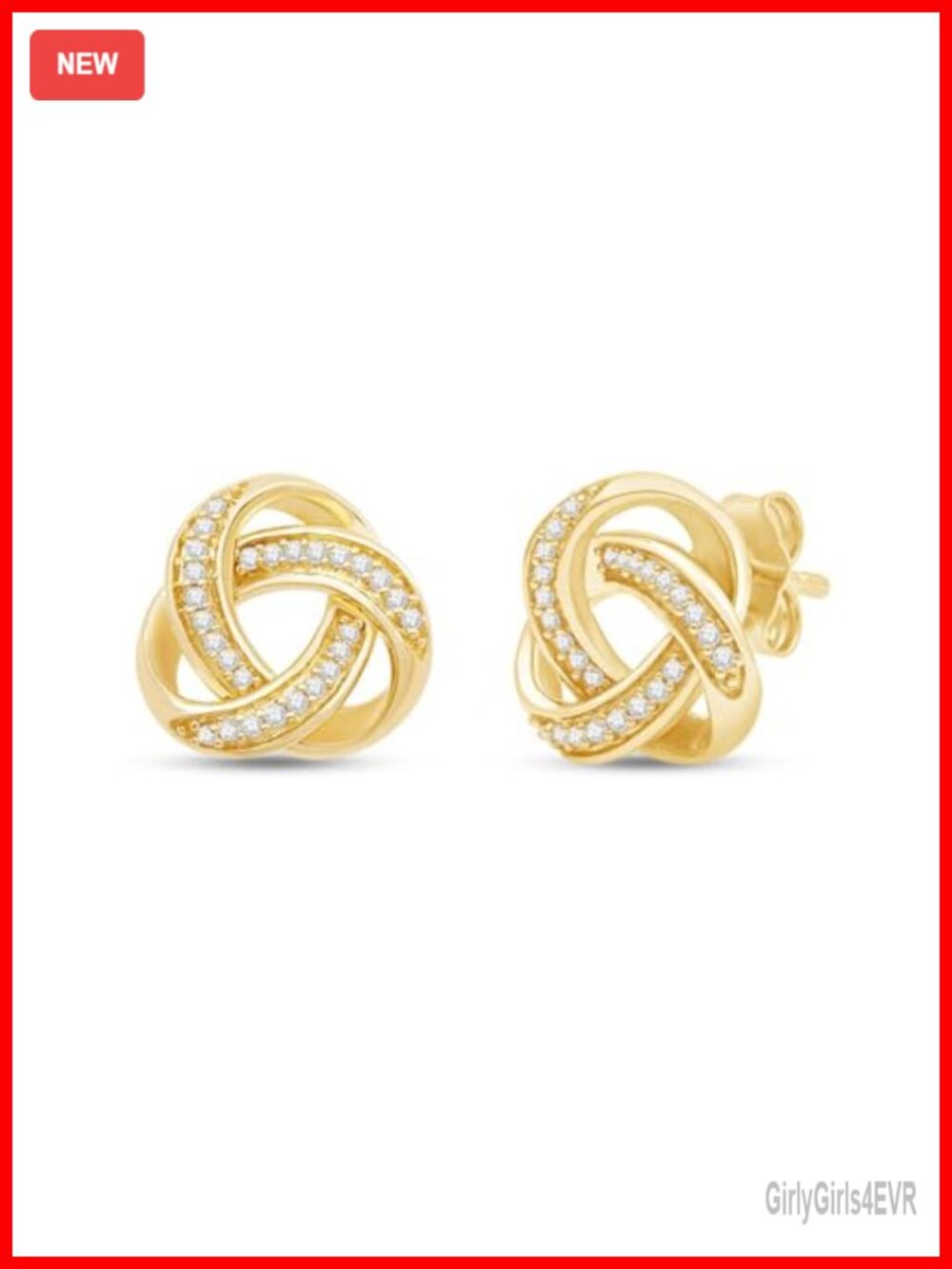 Yellow Gold Plated Sterling Silver Love Knot Diamond Stud Earrings